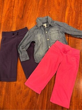Carter's Pink & Purple Pull-On Fleece Joggers and denim shirt
